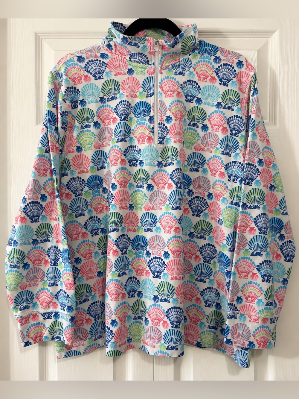 Talbots Woman 2X Seashell Print Quarter Zip Pullover Coastal Beach Cotton Top
